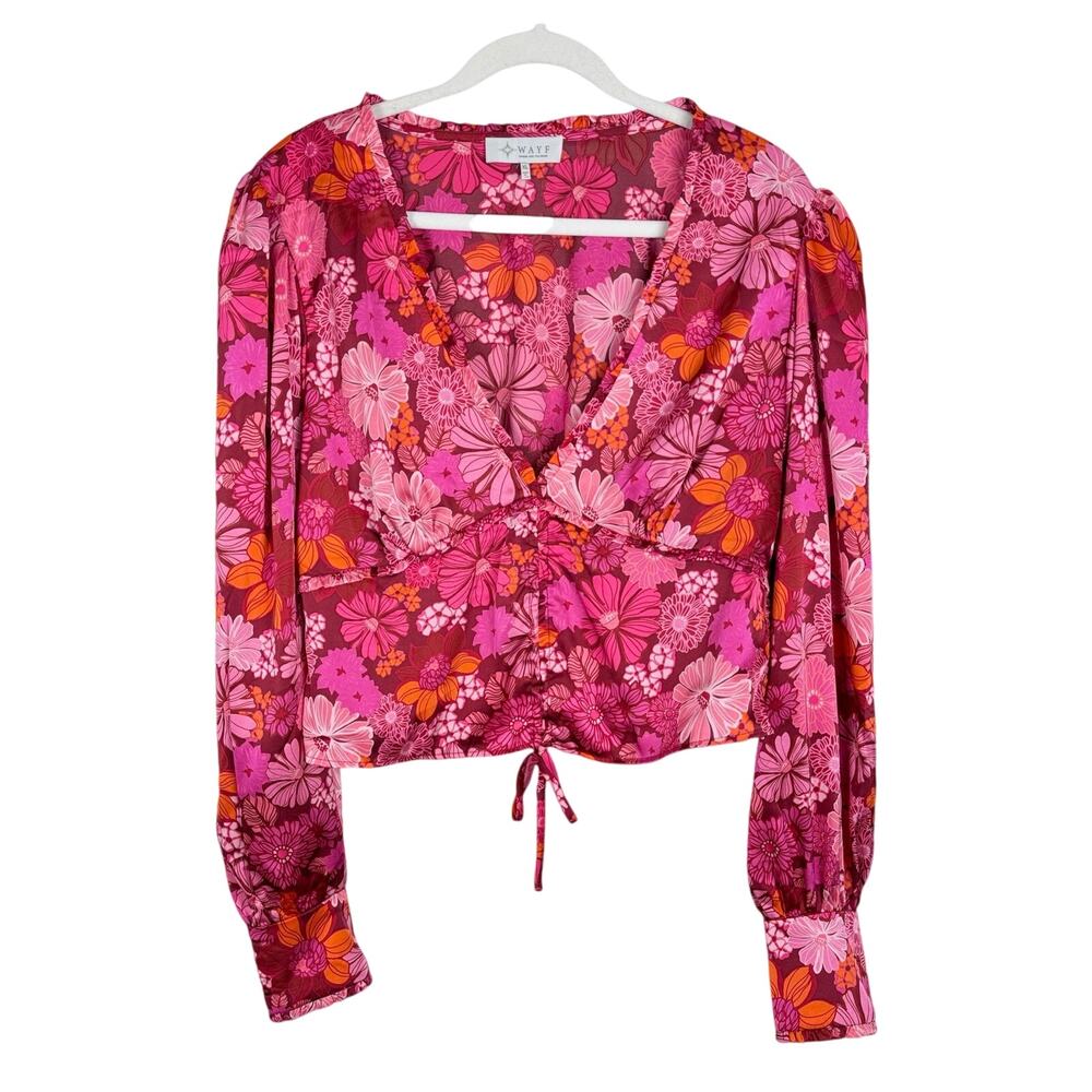 WAYF Loral Print Ruched Plunge Neck Satin Blouse Pink Berry Floral Long Sleeve